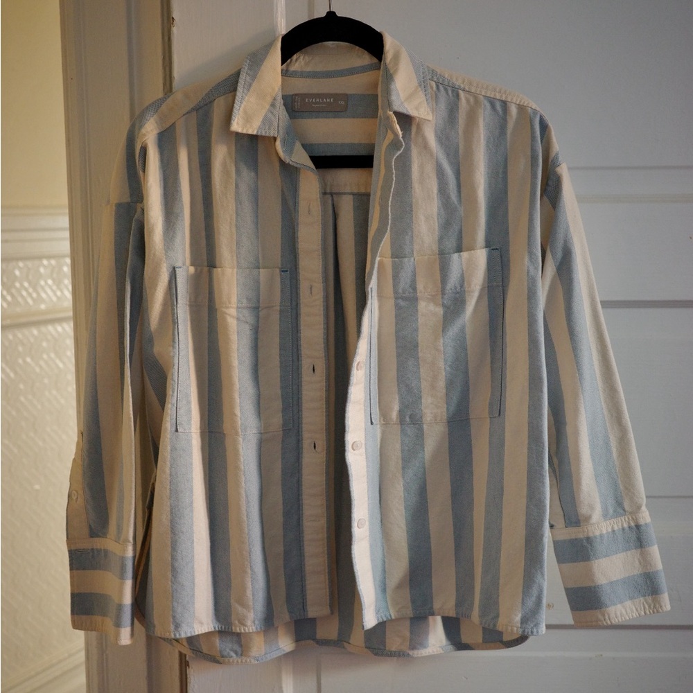 Everlane Light Blue and Cream Striped Shirt